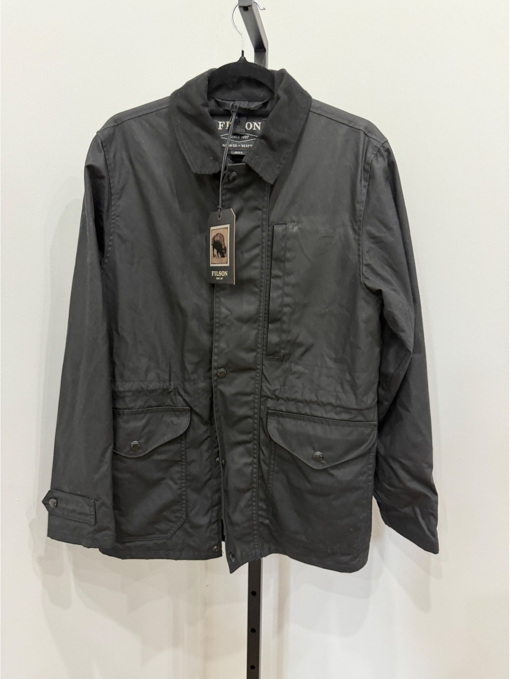 NEW Filson Cover Cloth Mile Marker Coat Black Cotton Men's Jacket Button Pockets